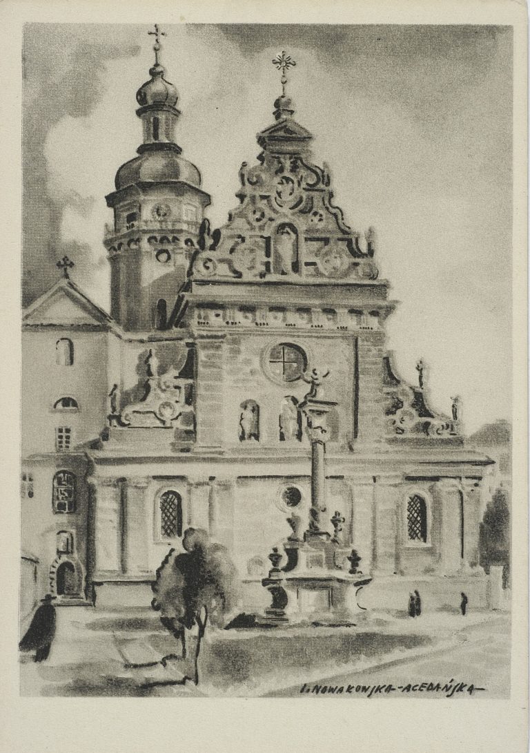 Pocztówka z widokiem kościoła św. Andrzeja i klasztoru Bernardynów we Lwowie wydana w czasie okupacji nadkładem Verlag Städtisches Verkehrsamt Lemberg / Biblioteka Narodowa