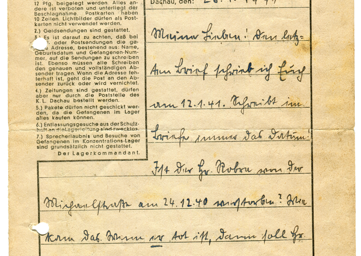 Pierwsza strona ostatniego listu do siostry napisanego przez ks. Korczoka w obozie koncentracyjnym w Dachau 26 stycznia 1941 r. / Zbiory Teresy Wojak
